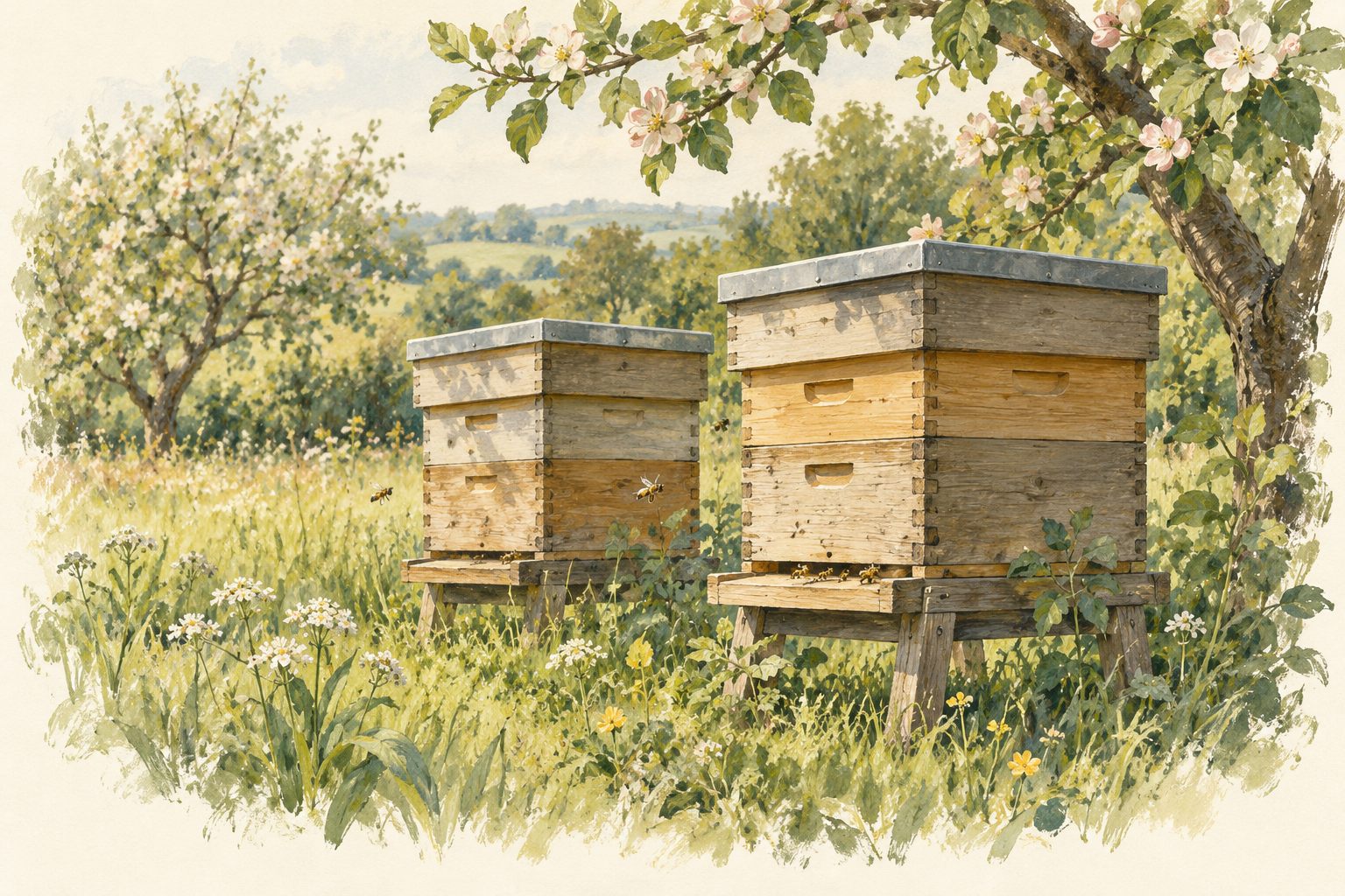 Illustration of two wooden beehives in a spring orchard